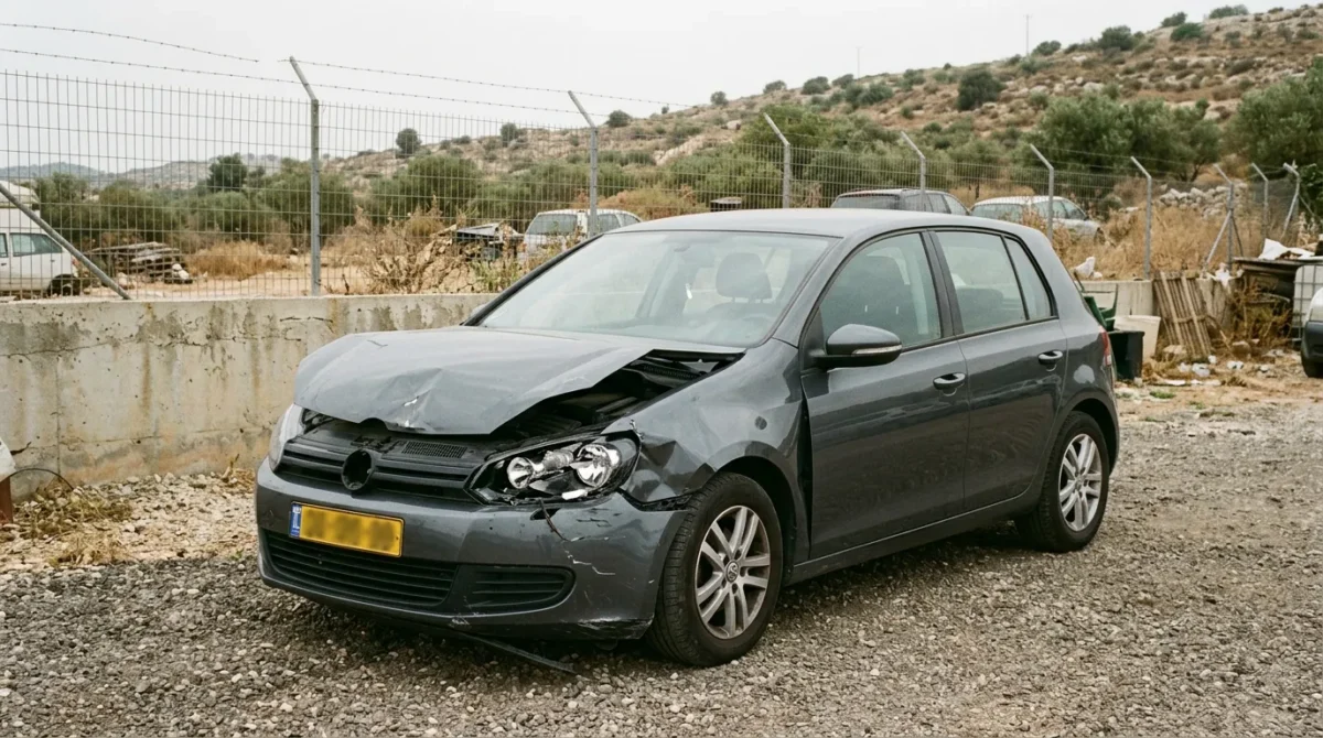 רכב עם נזק חזיתי אחרי תאונה שממתין למכירה לפירוק