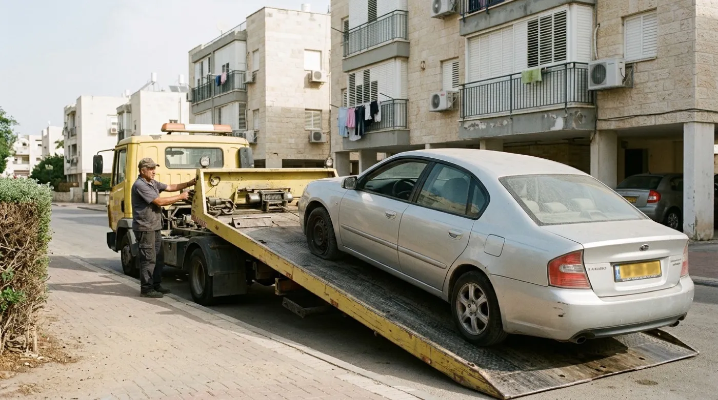 גרר של גרר האחים מעמיס רכב ישן לפירוק ברחוב מגורים בישראל