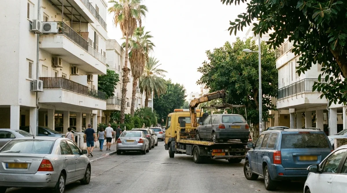 גרר מעמיס רכב ישן ברחוב מגורים עם בנייני עמודים ועצי דקל