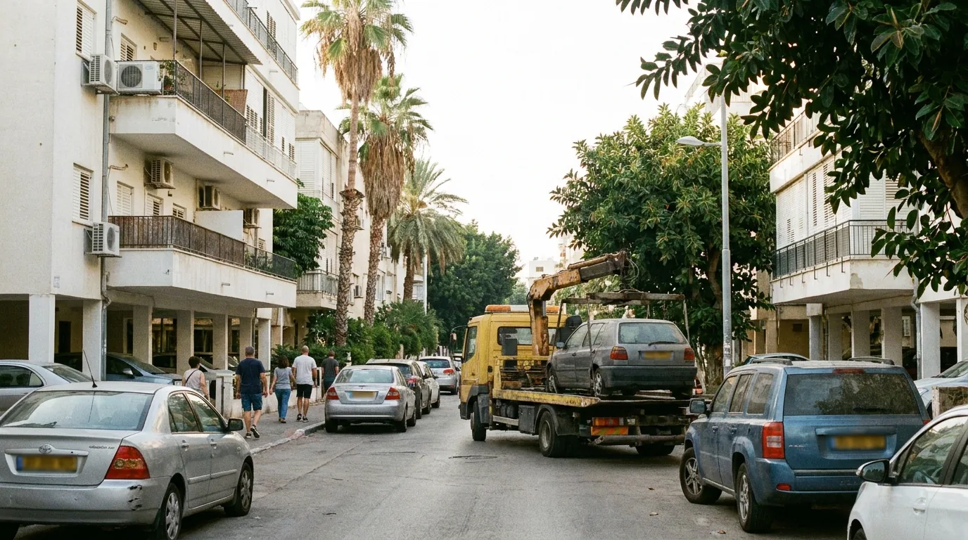 גרר מעמיס רכב ישן ברחוב מגורים עם בנייני עמודים ועצי דקל