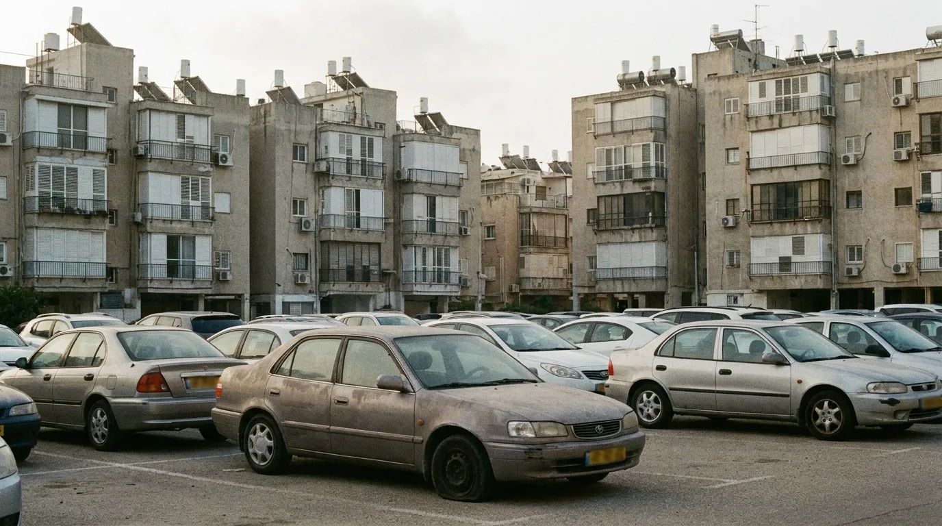 חניון פתוח בין בנייני מגורים גבוהים עם רכב ישן