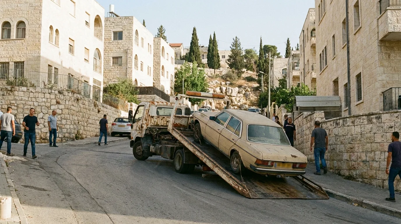 גרר מעמיס רכב ישן ברחוב משופע עם בנייני אבן