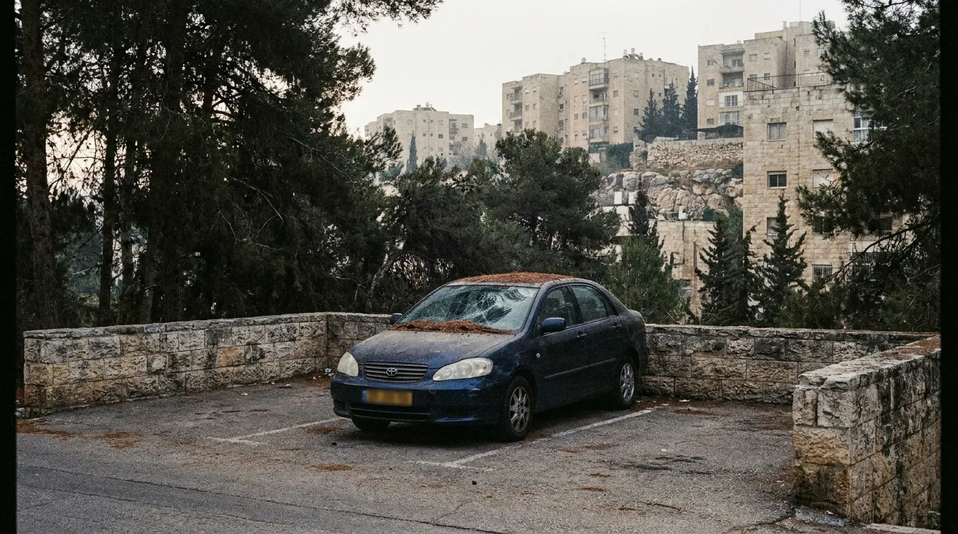 רכב ישן בחניה מוקפת חומות אבן ועצי אורן