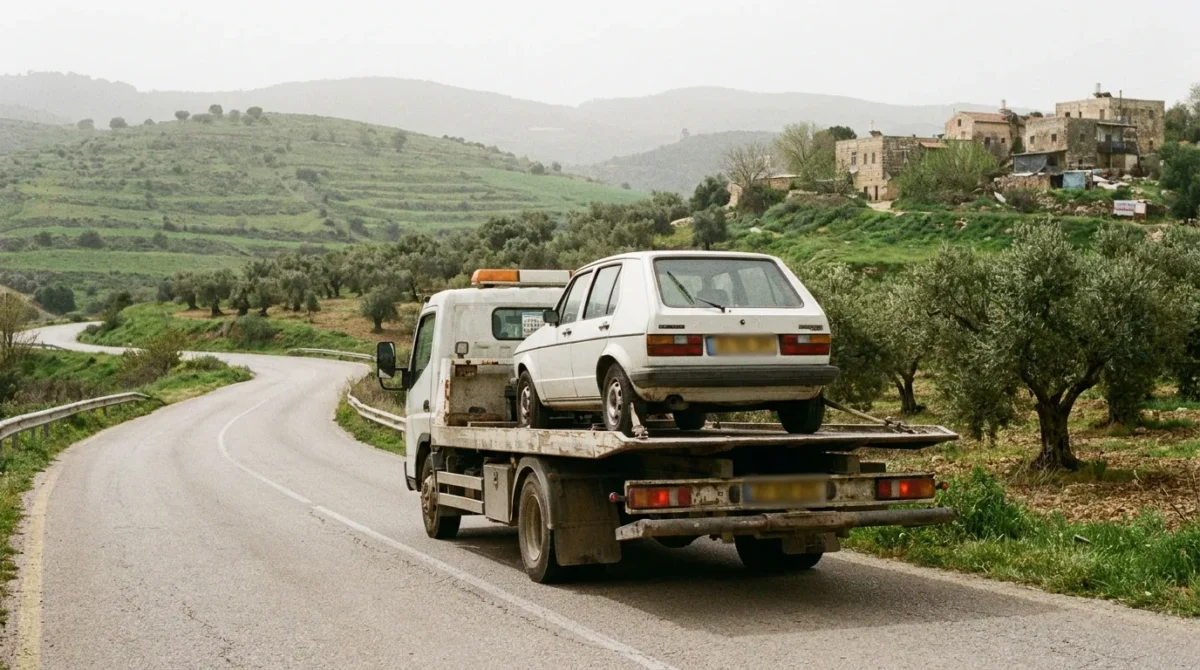 גרר מוביל רכב בכביש מתפתל בין גבעות ירוקות