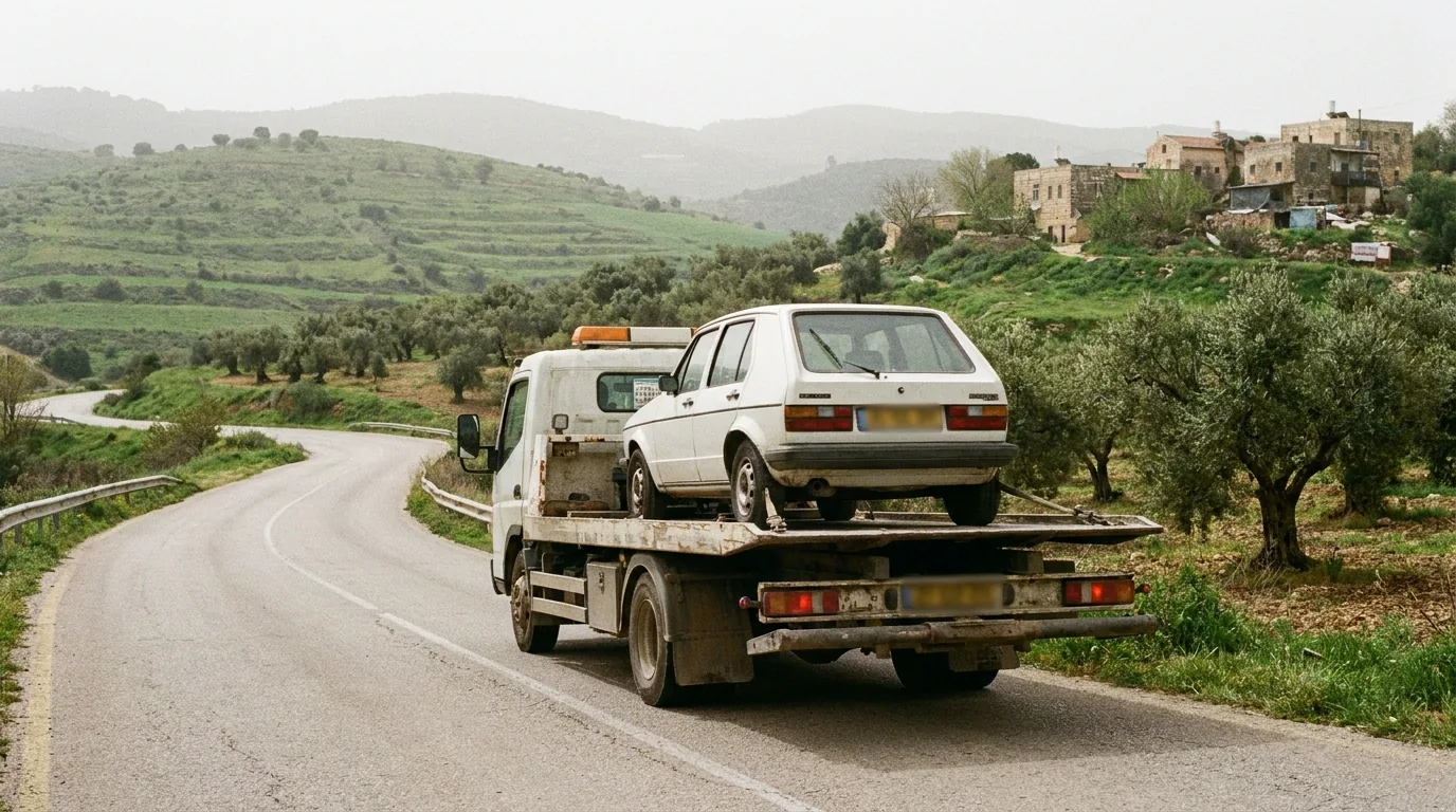 גרר מוביל רכב בכביש מתפתל בין גבעות ירוקות