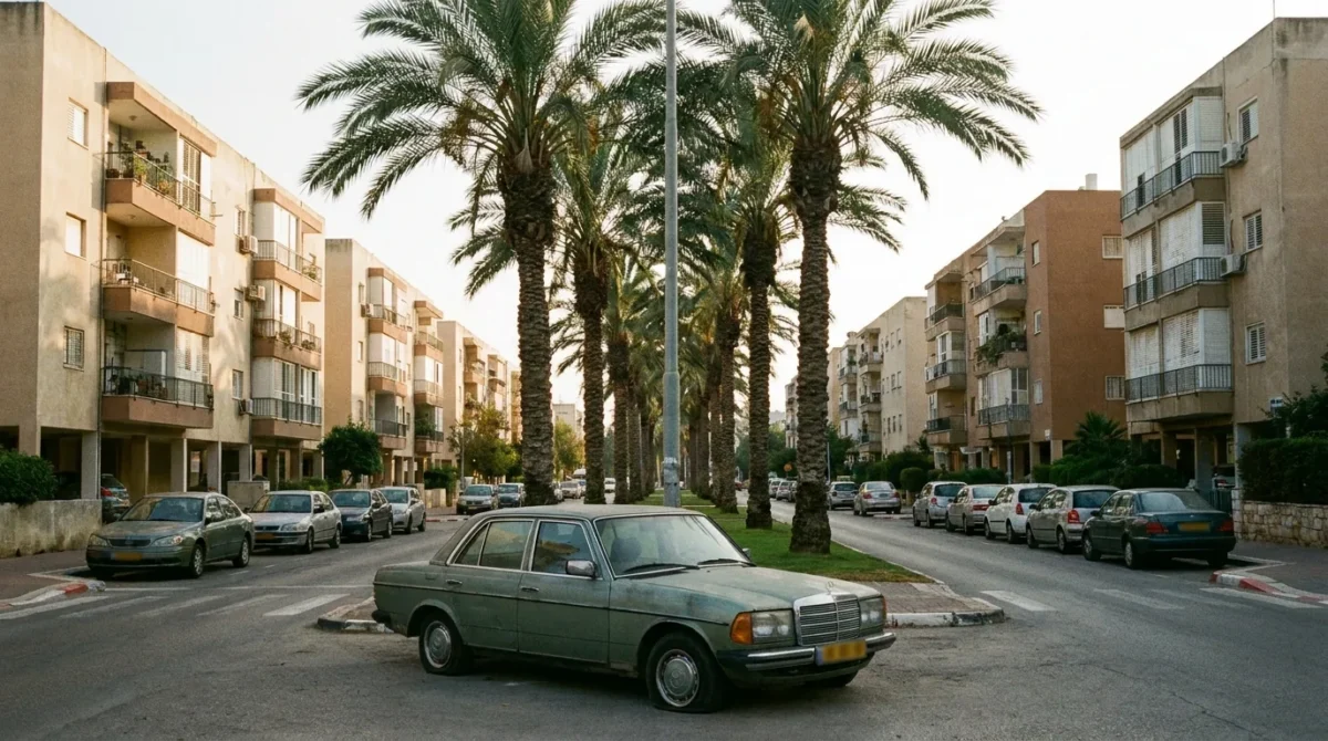 רכב ישן בשדרת דקלים בין בנייני מגורים