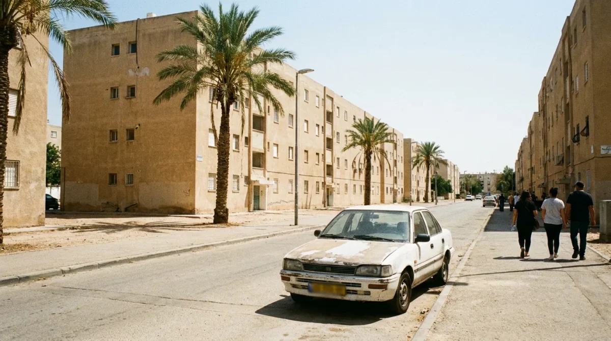 רכב ישן חונה ברחוב של בנייני שיכון באור מדברי
