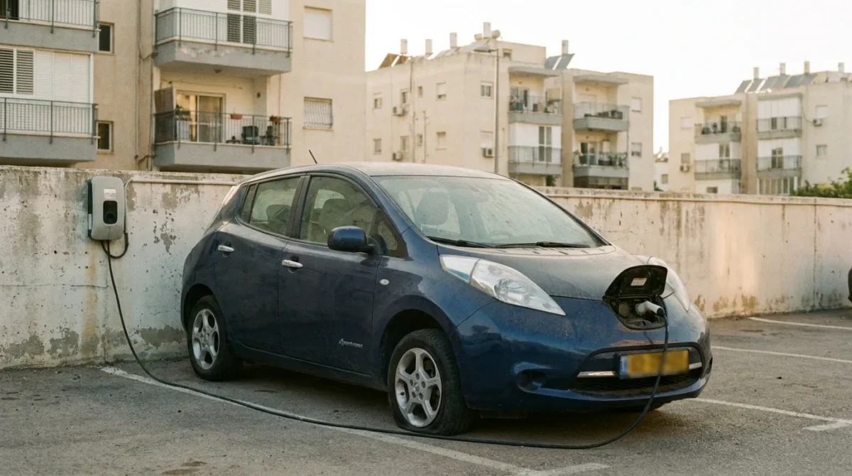 רכב חשמלי ישן ליד עמדת טעינה עם כבל מנותק