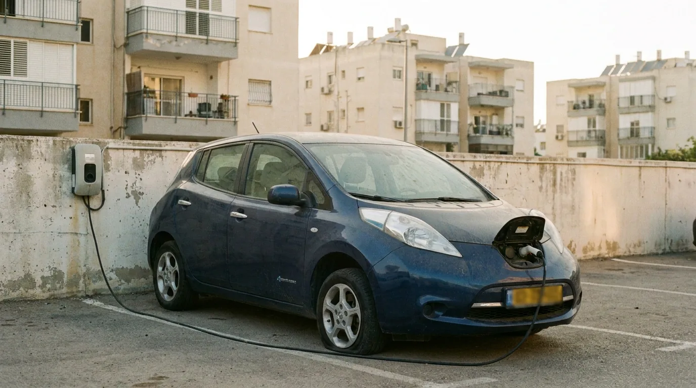 רכב חשמלי ישן ליד עמדת טעינה עם כבל מנותק