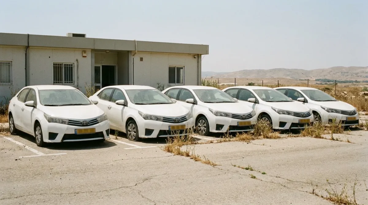 שורת רכבי צי ישנים חונים במגרש של חברה