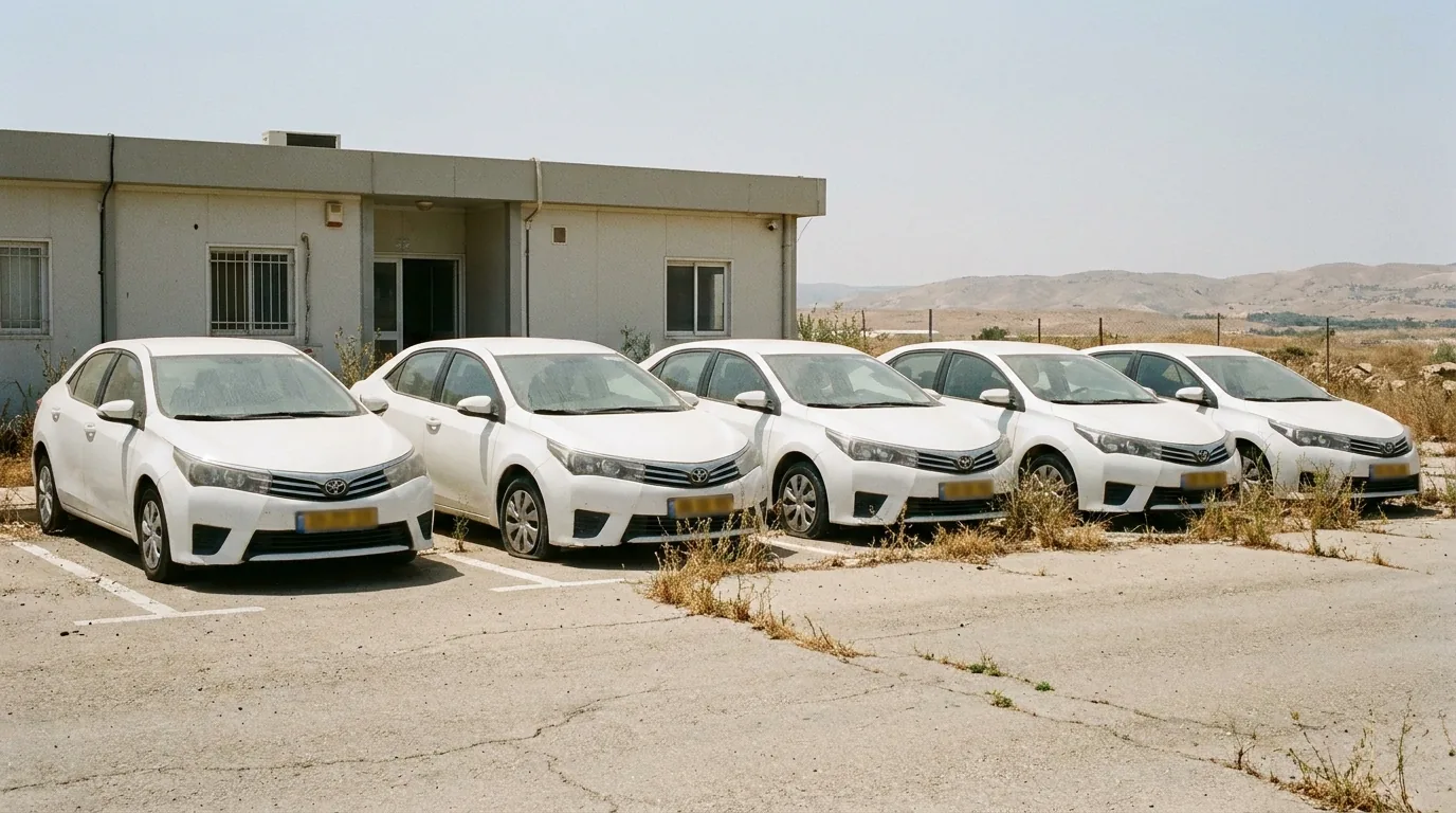 שורת רכבי צי ישנים חונים במגרש של חברה