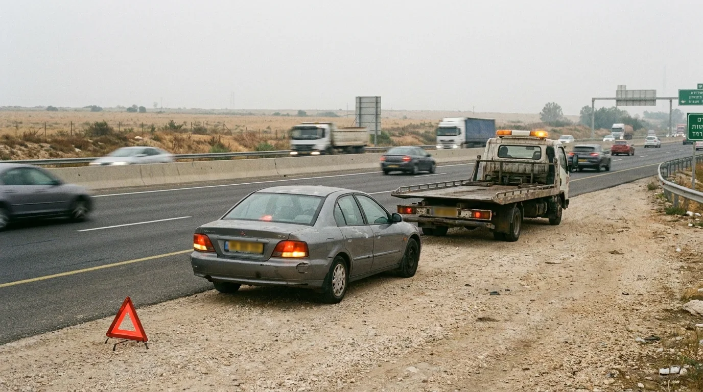 רכב תקוע בשול הכביש עם משולש אזהרה וגרר שעוצר לידו