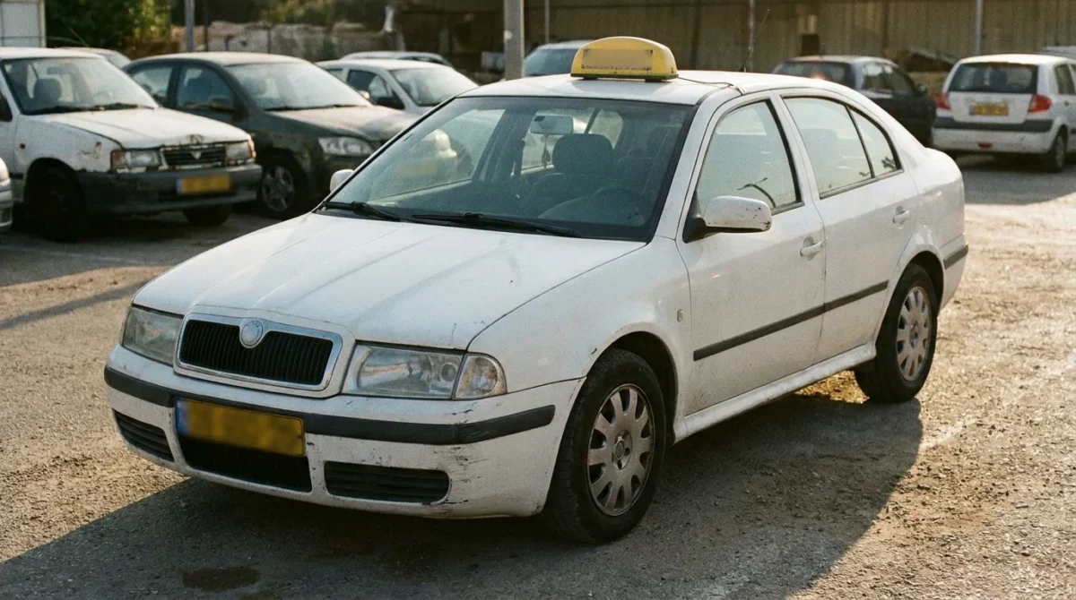 מונית ישנה חונה במגרש מוניות