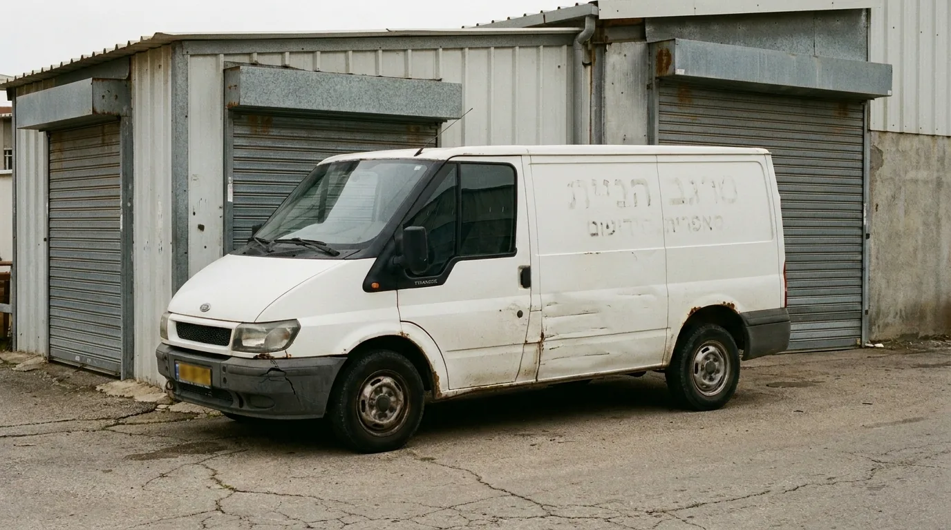 רכב מסחרי ישן חונה ליד מבנה תעשייה